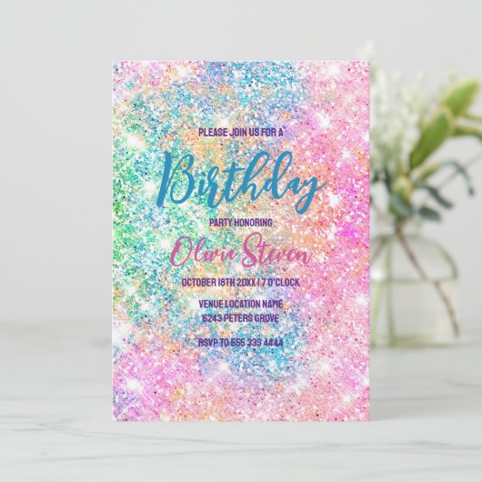 Cute iridescent unicorn roze faux glitter monogram kaart (Staand voorkant)