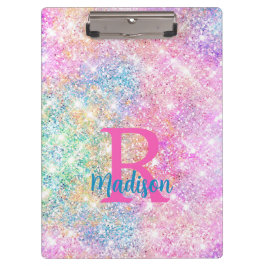 Cute iridescent unicorn roze faux glitter monogram klembord