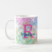 Cute iridescent unicorn roze faux glitter monogram koffiemok (Links)