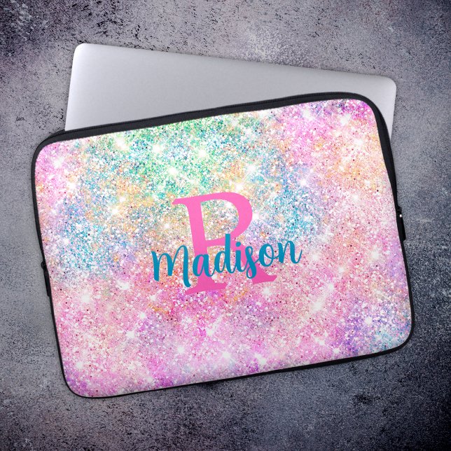 Cute iridescent unicorn roze faux glitter monogram laptop sleeve (Creator heeft geüpload)