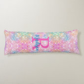 Cute iridescent unicorn roze faux glitter monogram lichaamskussen (Achterkant)
