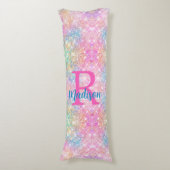 Cute iridescent unicorn roze faux glitter monogram lichaamskussen (Voorkant Verticaal)