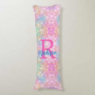 Cute iridescent unicorn roze faux glitter monogram lichaamskussen