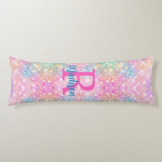 Cute iridescent unicorn roze faux glitter monogram lichaamskussen (Voorkant)