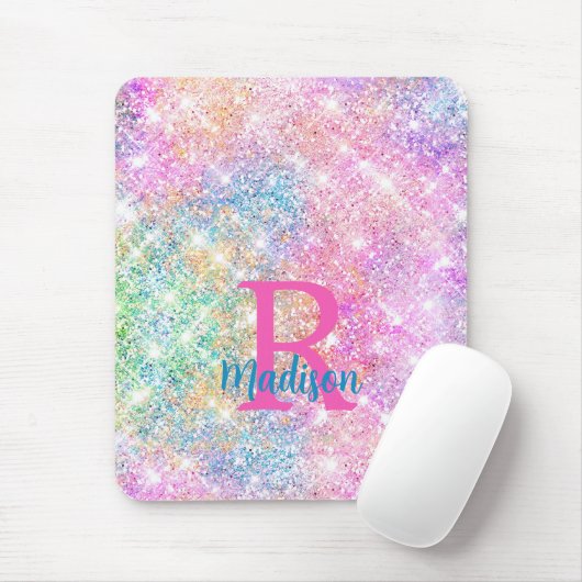 Cute iridescent unicorn roze faux glitter monogram muismat (Met muis)