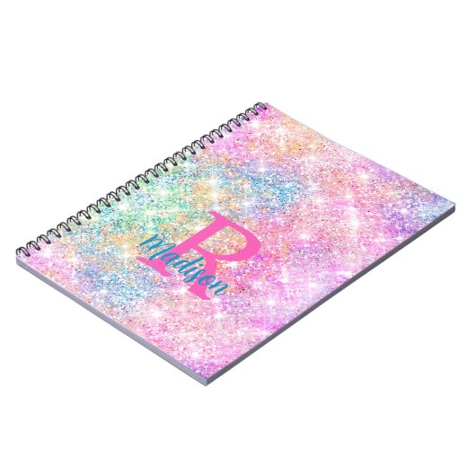 Cute iridescent unicorn roze faux glitter monogram notitieboek (Linkerzijde)