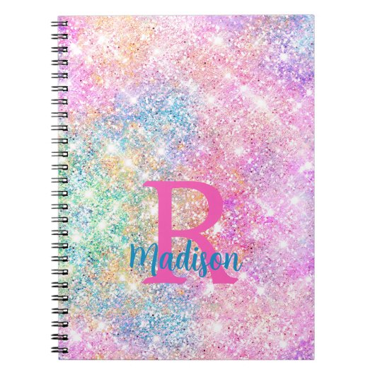 Cute iridescent unicorn roze faux glitter monogram notitieboek (Voorkant)