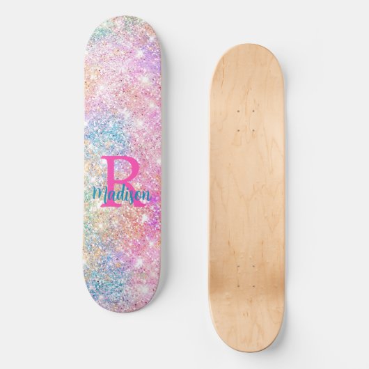 Cute iridescent unicorn roze faux glitter monogram persoonlijk skateboard (Voorkant)