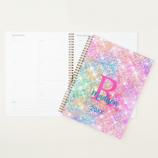 Cute iridescent unicorn roze faux glitter monogram planner (Display)