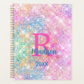 Cute iridescent unicorn roze faux glitter monogram planner (Voorkant)