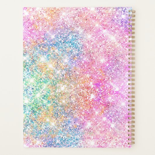 Cute iridescent unicorn roze faux glitter monogram planner (Achterkant)