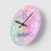 Cute iridescent unicorn roze faux glitter monogram ronde klok (Hoek)