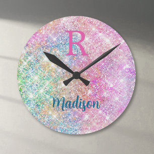 Cute iridescent unicorn roze faux glitter monogram ronde klok