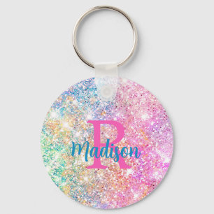 Cute iridescent unicorn roze faux glitter monogram sleutelhanger