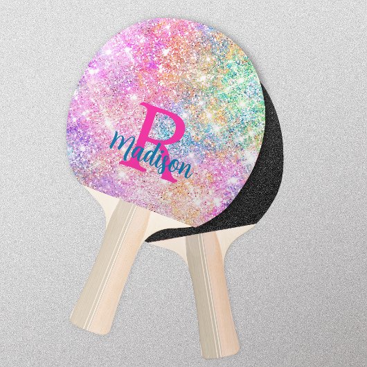 Cute iridescent unicorn roze faux glitter monogram tafeltennisbatje