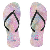 Cute iridescent unicorn roze faux glitter monogram teenslippers (Voetbed)