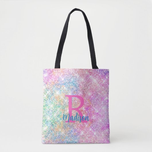 Cute iridescent unicorn roze faux glitter monogram tote bag (Voorkant)