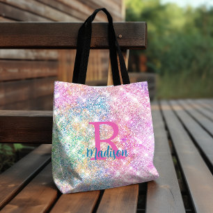 Cute iridescent unicorn roze faux glitter monogram tote bag