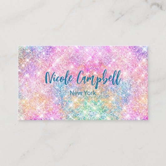 Cute iridescent unicorn roze faux glitter monogram visitekaartje (Voorkant)