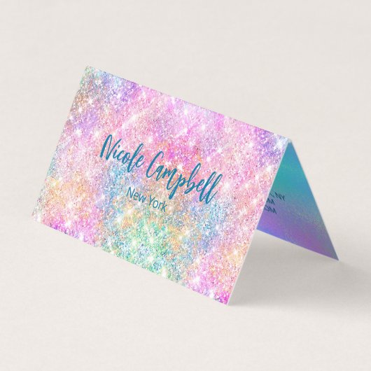 Cute iridescent unicorn roze faux glitter monogram visitekaartje (Voorkant)