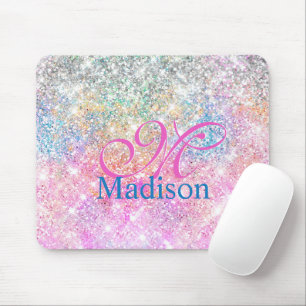 Cute iridescent unicorn roze glitter monogram muismat