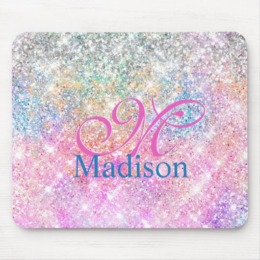 Cute iridescent unicorn roze glitter monogram muismat (Voorkant)