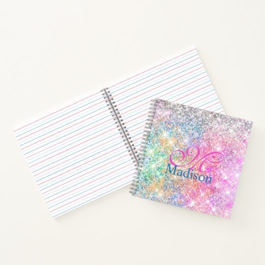 Cute iridescent unicorn roze glitter monogram notitieboek (Binnen)