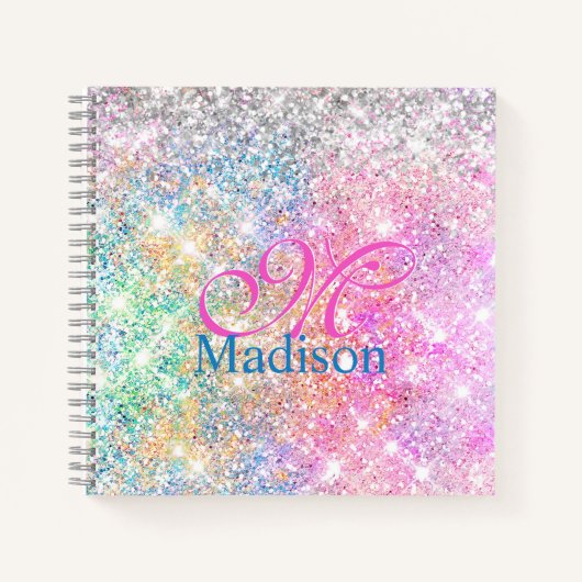 Cute iridescent unicorn roze glitter monogram notitieboek (Voorkant)