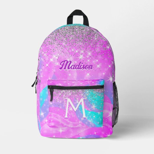 Cute iridescent unicorn Silver Glitter monogram Bedrukte Rugzak (Voorkant)