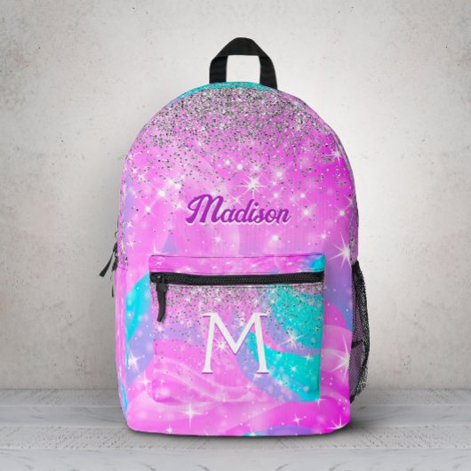 Cute iridescent unicorn Silver Glitter monogram Bedrukte Rugzak
