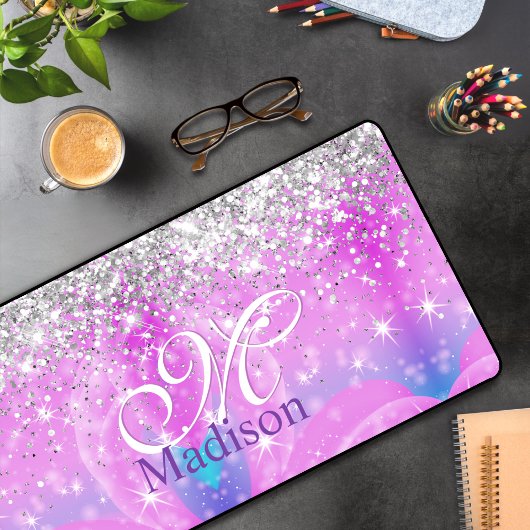 Cute iridescent unicorn Silver Glitter monogram Bureaumat