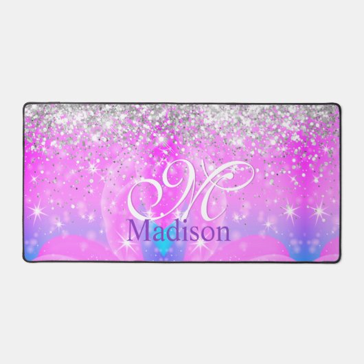 Cute iridescent unicorn Silver Glitter monogram Bureaumat (Voorkant)