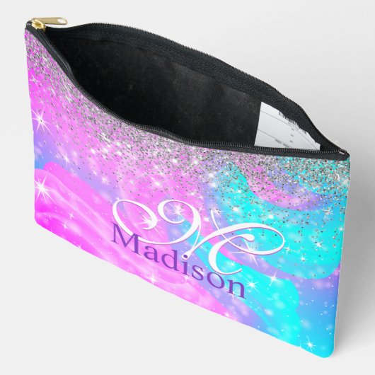 Cute iridescent unicorn Silver Glitter monogram Etui (Open)