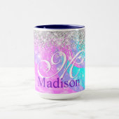 Cute iridescent unicorn Silver Glitter monogram Mok (Midden)