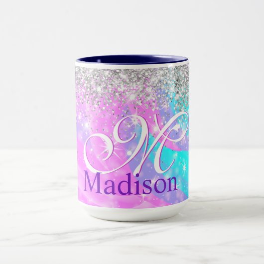 Cute iridescent unicorn Silver Glitter monogram Mok (Midden)