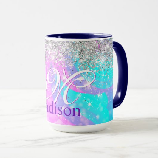 Cute iridescent unicorn Silver Glitter monogram Mok (Voorkant rechts)