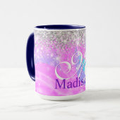 Cute iridescent unicorn Silver Glitter monogram Mok (Voorkant links)