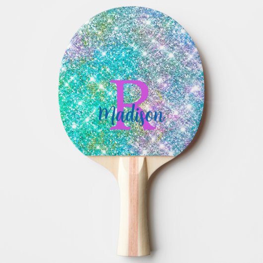 Cute iridescent unicorn turquoise glitter monogram tafeltennisbatje (Voorkant)