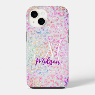 Cute iriserende dierenprint glitters monogram iPhone 14 hoesje
