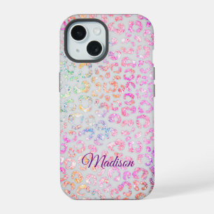 Cute iriserende dierprint glinsterend monogram hoe iPhone 15 case