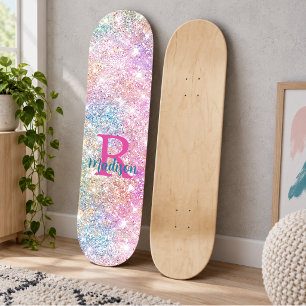 Cute iriserende eenhoorn roze nepschitter monogram persoonlijk skateboard