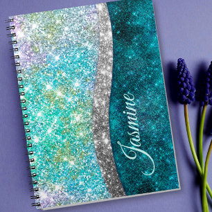 Cute iriserende turquoise nepschitterende monogram notitieboek