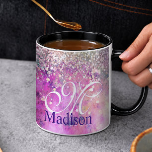 Cute iriserende zilveren nepschitterende monogram  mok