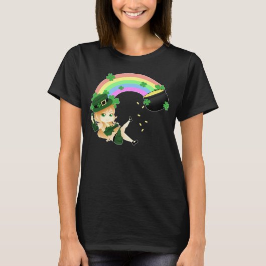Cute Irish chibi leprechaun girl met goudpot T-shirt (Voorkant)