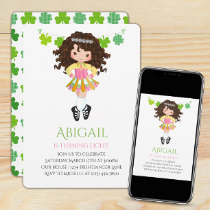 Cute Irish Dance Brunette Girl Shamrocks Birthday Kaart