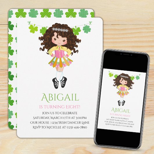 Cute Irish Dance Brunette Girl Shamrocks Birthday Kaart