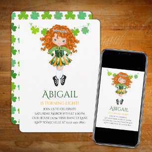 Cute Irish Dance Red Hair Girl Shamrocks Birthday Kaart