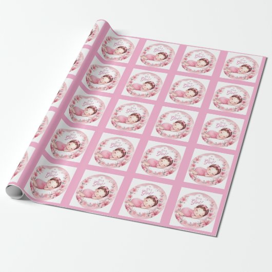 Cute It’s a Girl Baby Announcement  Cadeaupapier (Uitgerold)
