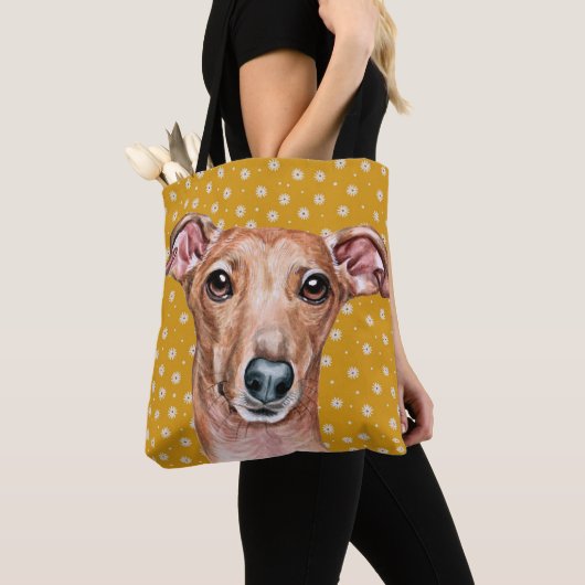 Cute Italiaanse Greyhound Yellow White Flower Patt Tote Bag (Dichtbij)