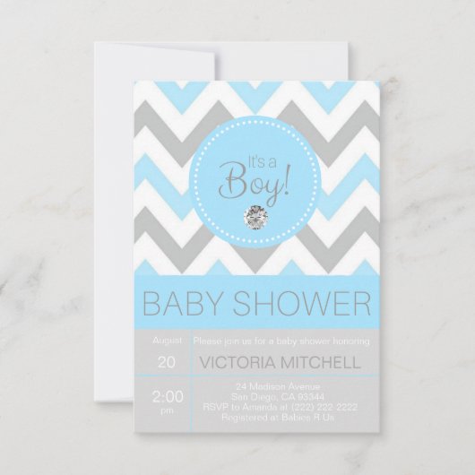 Cute 'It's a Boy' Blue/Grey Chevron Baby shower Kaart (Voorkant)